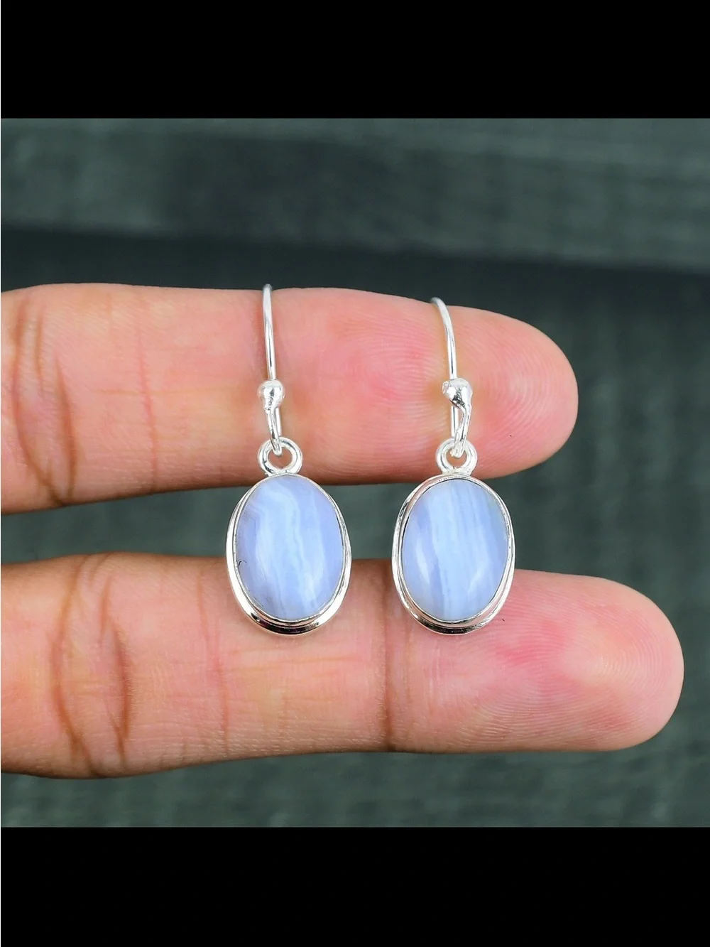 Blue Lace Agate Oval Drop Earrings - Sterling Silver